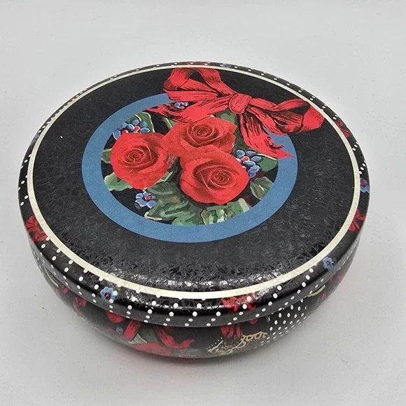 ROUND RED ROSE Tin Trinket Box SIZE 2.25