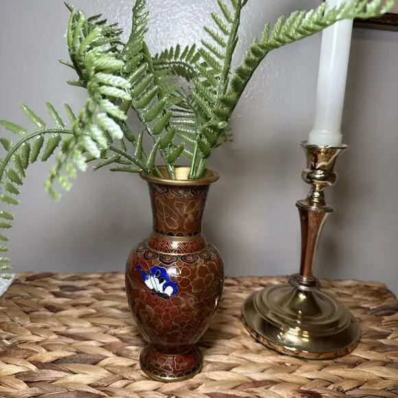 Vintage Chinese Cloisonne Vase Brass Enamel Floral Chinoiserie 6” Asian Decor