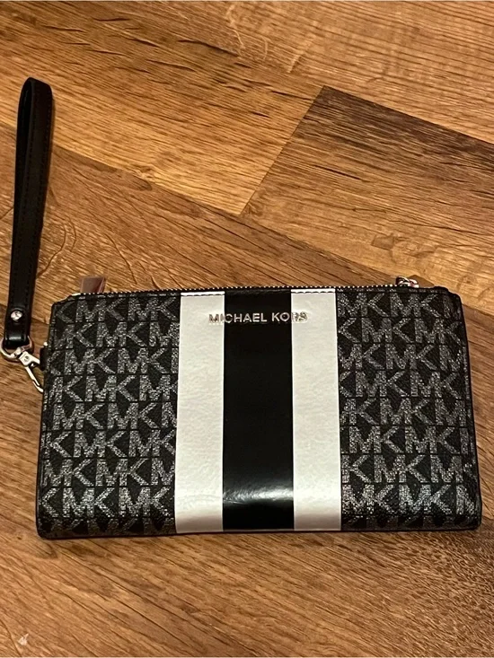 Michael Kors Black Signature Stripe Wristlet