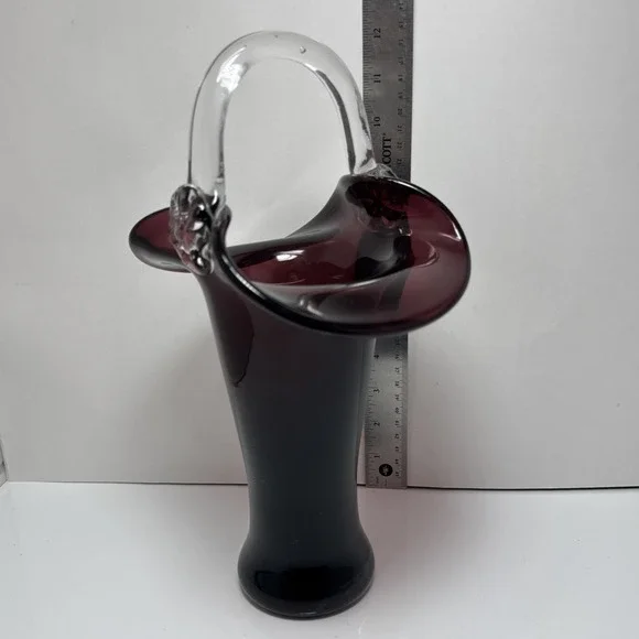 Vintage Purple and Clear‎ Handblown Glass Basket Vase 12 Inches