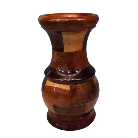 Vintage Multi Wood Mosaic Vase 8” Brown Hand Pieced Parquet Two-tone Segmented