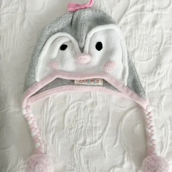 Zubels Knit Winter Hat Little Bird Owl Pink Gray White Baby Penguin Size 6-12M