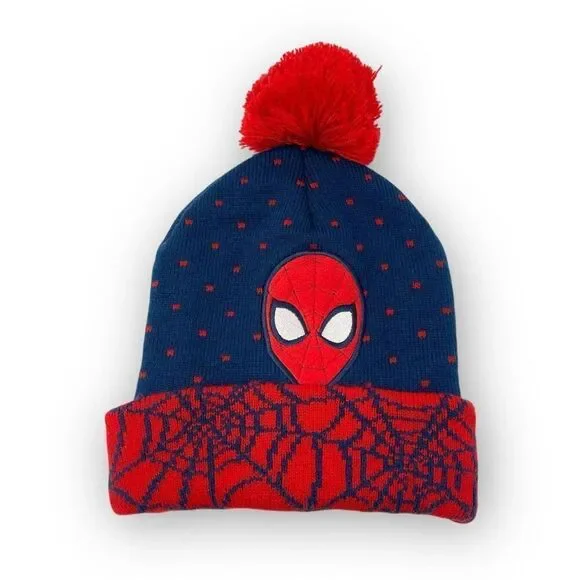 Marvel Spiderman Knit Hat Spidey Pom Stocking Beanie Cap Youth Kids Size OSFM