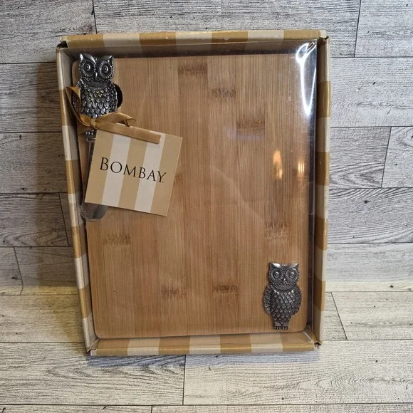 Bombay Bamboo Cheese Board Serving Tray Owl Cheese Knife Gift Set NIB