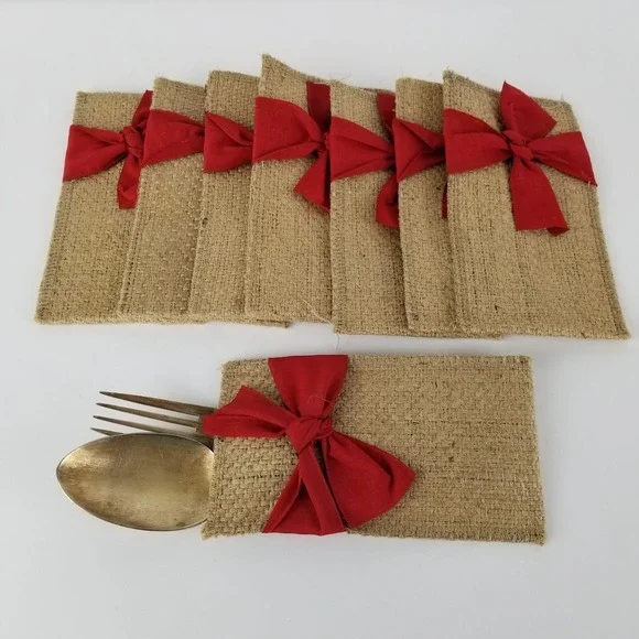 New‎ Le Cadeaux Boutique Jute Silverware Pouches Red Bows Set of Eight - 407