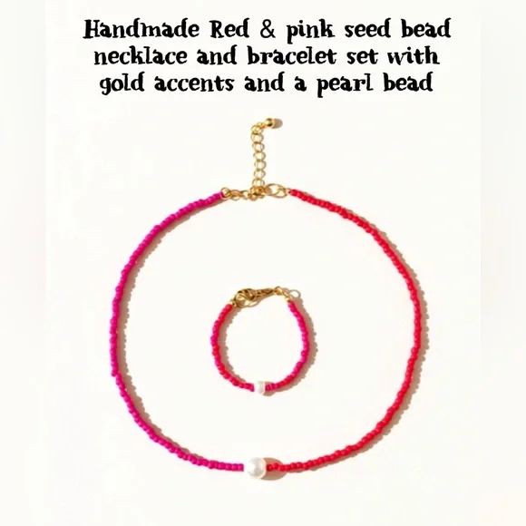 ♦️Handmade Red and Pink Necklace and Bracelet Set with Gold Accents🩷🩷