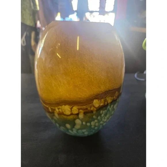Art Glass Vase Ovoid Hand Blown Amber Blue White Bubble Speckle 8 Inch