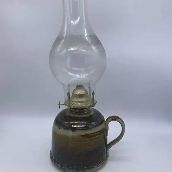 Vintage Greg Olson Signed California Handmade Stoneware Oil Lamp with Chimney