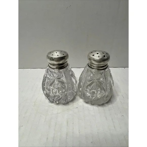 Vintage Cut Glass Crystal Salt and Pepper Shakers Set Silver Tops 2 1/2