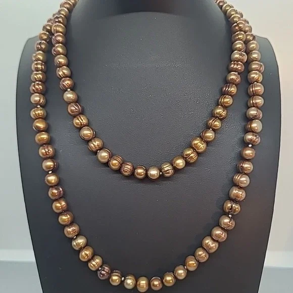 Necklace Pearl Bronze Gold Brown Ringed Freshwater Cultured Peacock Endless