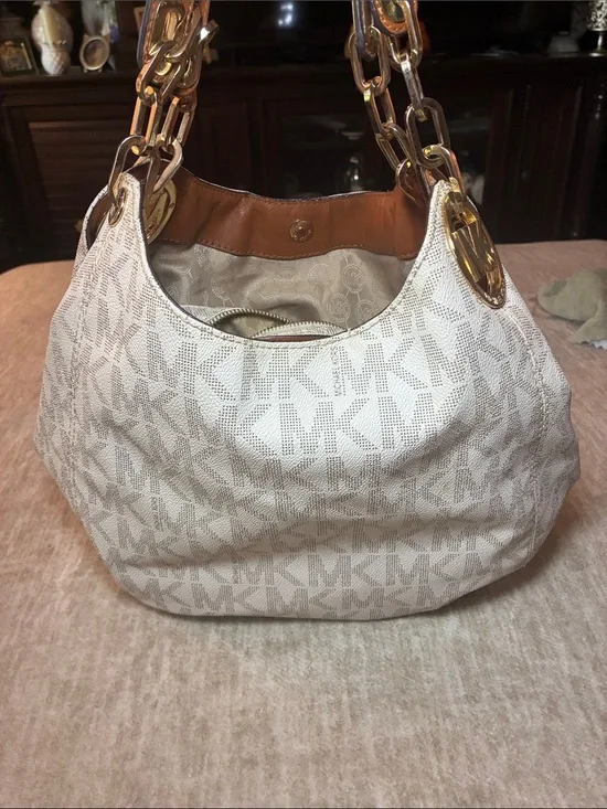 Michael Kors Beige & Tan Logo Chain-Handle Hobo