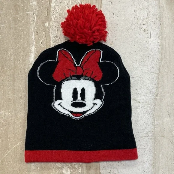 Disney Minnie Mouse Cuff Beanie Hat Black Red Pom Snowflakes Holiday‎ Christmas