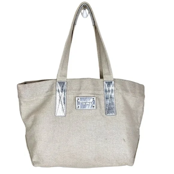 Michael Kors Chic Tote Beige Silver Canvas Shopper Bag