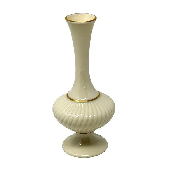 Lenox Savoy Bud Vase Ribbed Ivory Gold Trim USA 7 Inch