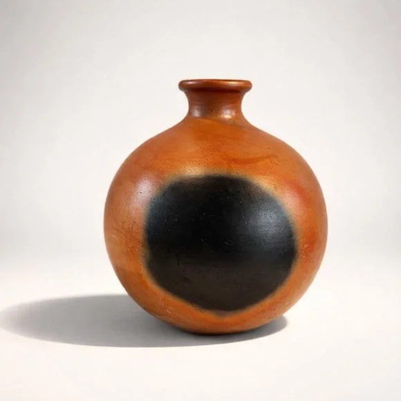 VINTAGE 1980’s‎ TERRACOTTA ROUND ART BALL POTTERY VASE BLACK GLAZED CIRCLE BOHO