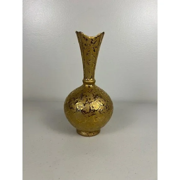 Dixon Art Studios 22KT Gold Encrusted Weeping‎ Lava Bud Vase Vintage 7.75 Inch