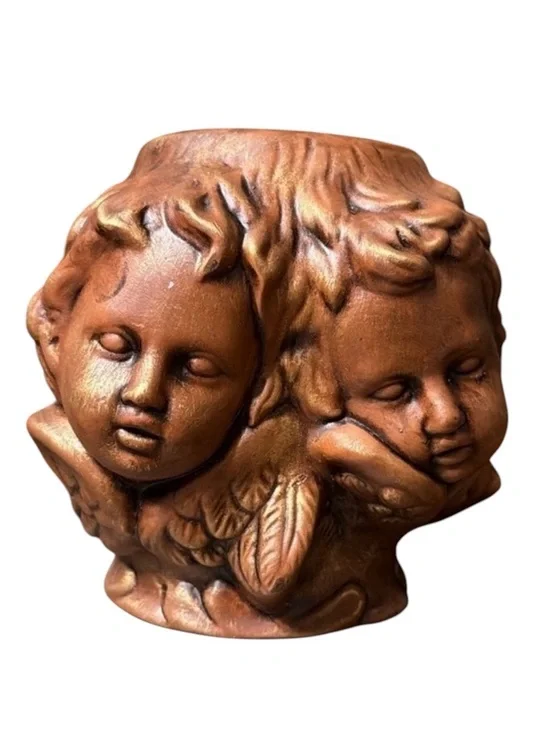 Vintage Cherub Face Pottery Planter Rustic French Country Garden Cherub Planter