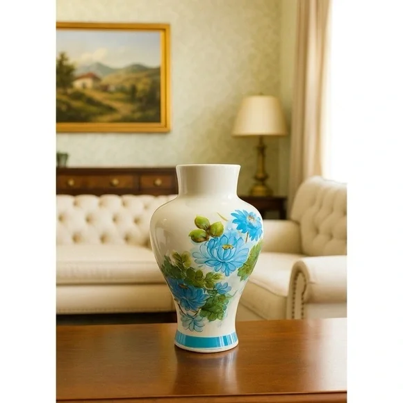 Vintage Hand Painted Floral Blossoms Ceramic Vase with Blue Accents 9.5”H