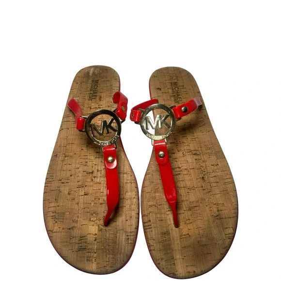 Michael Kors Charm Jelly Women Thong Sandals Red Gold MK Logo Cork PVC Sz 11