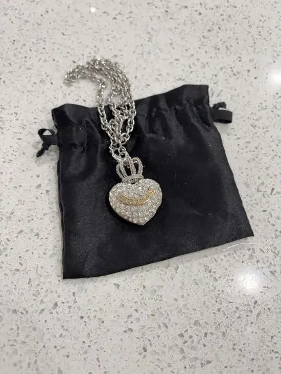Vintage Juicy Couture Silver Tone Rhinestone Crown Heart Pendant Necklace