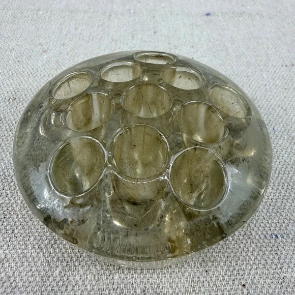 Vintage Handmade Glass Flower Frog 11 Hole‎ Round Floral Arranger Art Deco Style