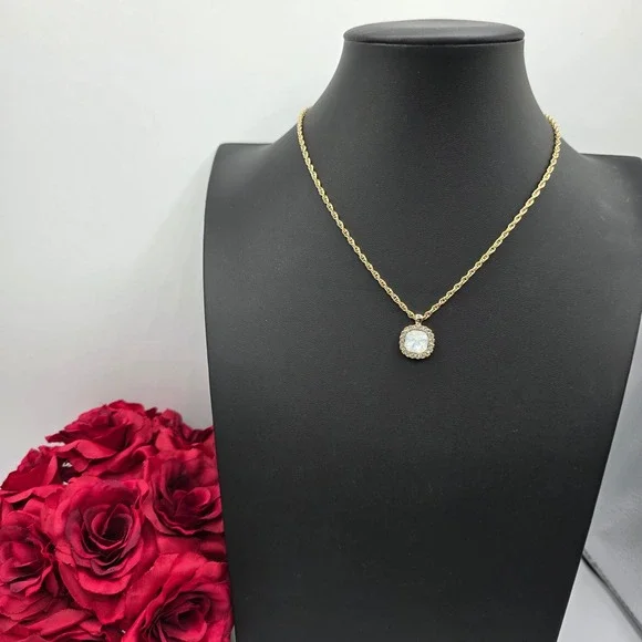 Charter Club Gold Tone Cushion Opal Glass Crystal Halo Pendant Rope Necklace