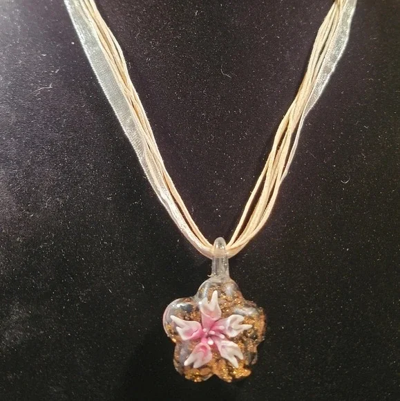 0272. New Lampwork Blown Glass Pink Flowers Surrounded by Gold ~ NEW