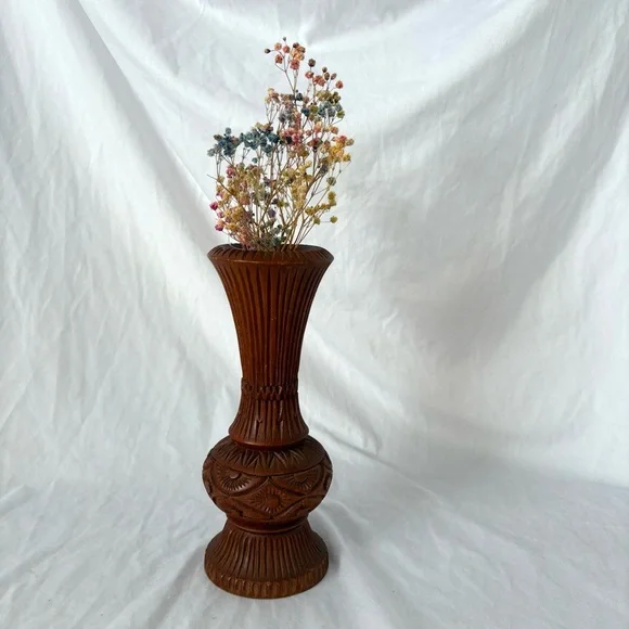 Vintage hand carved wood vase home decor boho indie brown accent