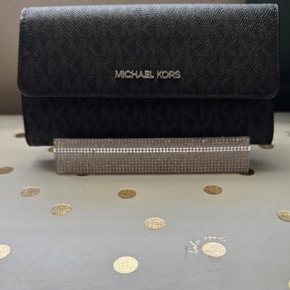 Michael Kors Black Leather Wristlet with Gold Accents