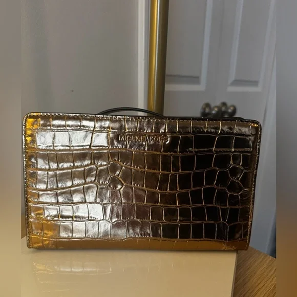 Michael Kors Shiny Gold Croc-Embossed Clutch