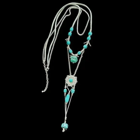 Silver Toned Faux Turquoise Stone Necklace Western Boho Leather Rawhide