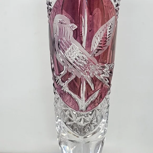 Vintage Hofbauer Byrdes Bud Vase 6.5” German Lead Crystal Ruby Red Bird