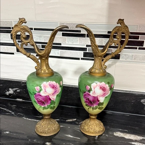 Pair Of Antique Hand Painted Milk Glass Rose EWERS Gorgeous Pink Roses 17