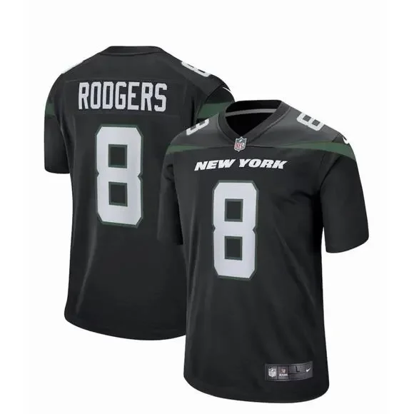 NWT Aaron Rodgers QB New York Jets NFL Nike Game Jersey Gotham Black #8; XL T18