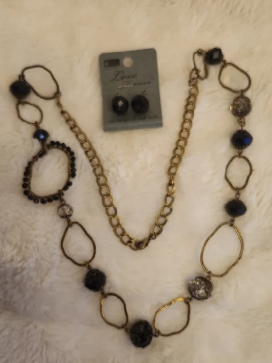 Black and Gold Beaded Statement Necklace with Earrings