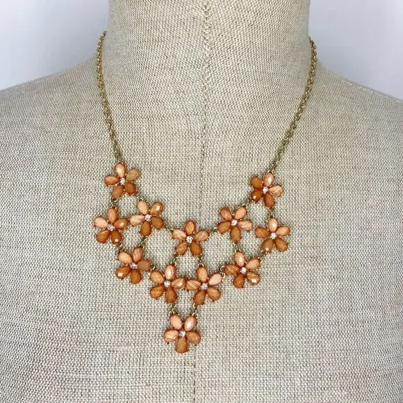 Peach Rhinestone Floral Bibb Necklace