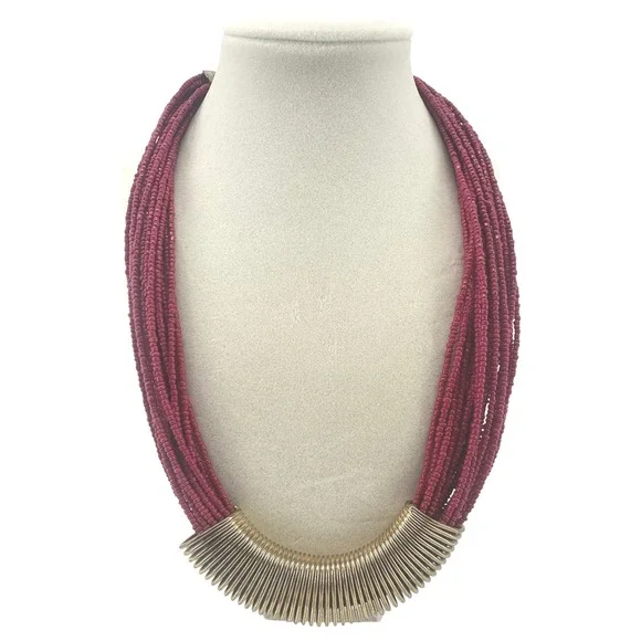 Coldwater Creek Magenta Multi Strand Seed Bead Necklace Gold Ribbed Statement