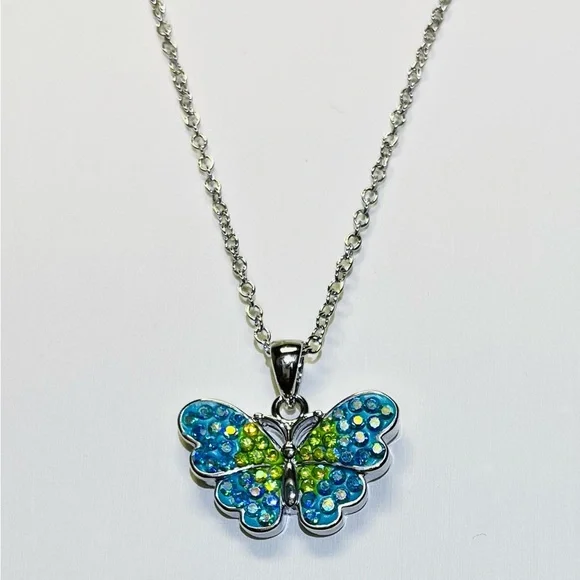 Blue and Green Crystal Butterfly Necklace