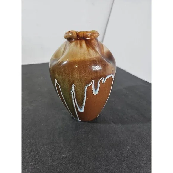 Vintage Drip Glaze Pottery Vase Pinched Handmade 7” Brown Light Blue