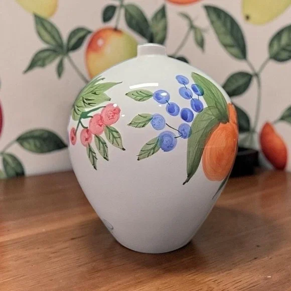 Fruit Themed Bud Vase, Vintage Hand Painted Ceramic‎ Flower Holder, Centerpiece