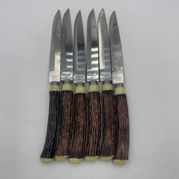Mid Century‎ Set of 6 Vintage Steak Knives Stainless Steel Japan Faux Antler