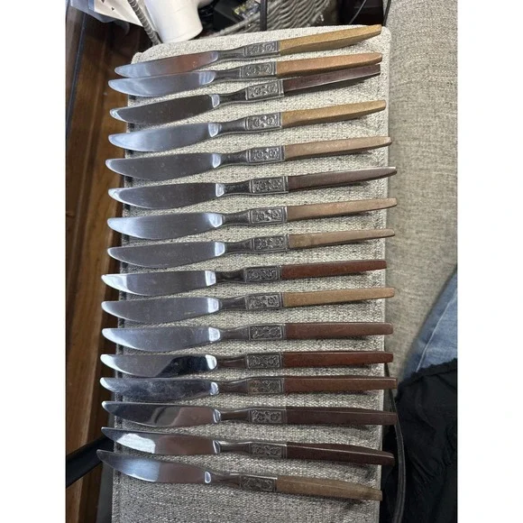 Ekco Eterna‎ Forged Stainless Steak Knives Set 16 Mid Century Modern Wood Handle