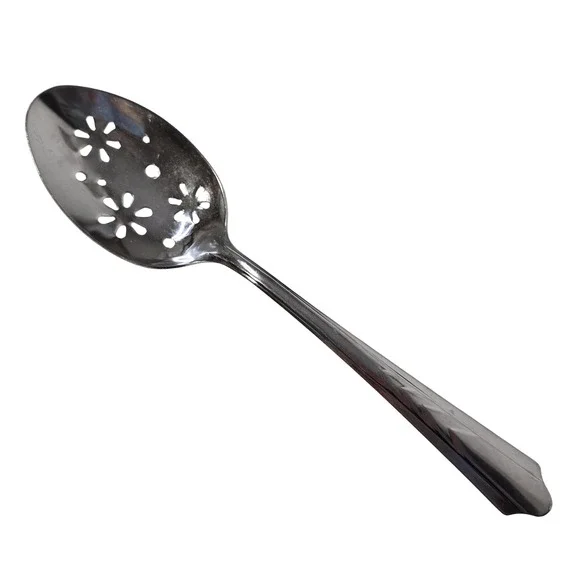 EKCO Slotted Serving Spoon EKS7 Floral Chevron Stainless Steel Vtg USA 8.25