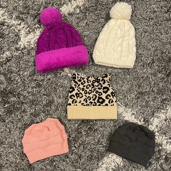 Cozy Pom-Pom Beanie Ponytail Hat Bundle White Purple Leopard Pink Dark Grey