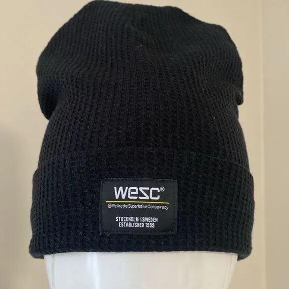 NWOT Wesc Black Thermal Waffle Knit Unisex Beanie Logo Hat Size L/XL