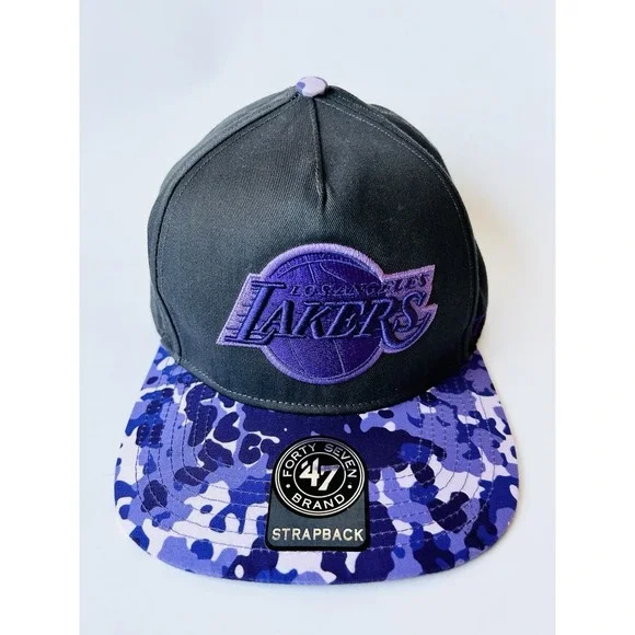 Los‎ Angeles Lakers '47 Strapback Hat Basketball Cap Purple Camo With Sticker