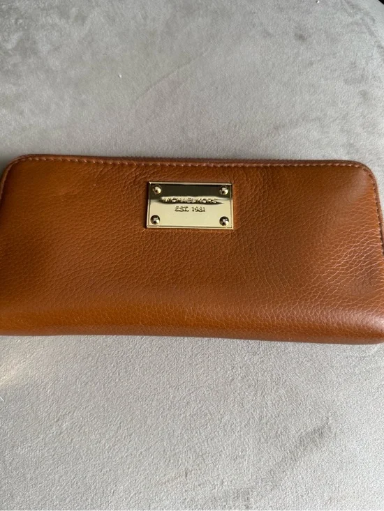Michael Kors Cognac Leather Zip-Around Wallet with Gold Plaque