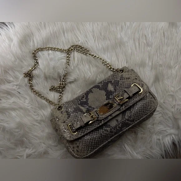 Michael Kors Beige Snake Print Shoulder Bag with Gold Accents