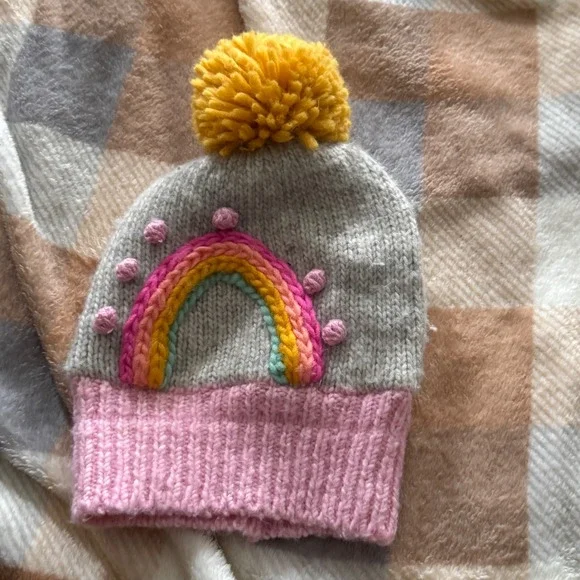 Kids Knit Beanie Hat Rainbow Pom‎ Pom Gray Pink Cozy Winter Warm