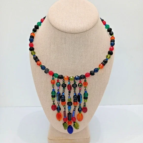 Chico's Colorful Beaded Fringe Necklace Boho Statement Bib
